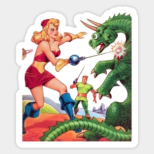 REVISTANGO #82 - Space Heroine Battles Atomic Dragon with Blazing Energy Sword Amid Crimson Planet Skies and Brilliant Cosmic Explosion Captured in Radiant 1950s Pulp Sci-Fi Illustration Vintage Sticker
